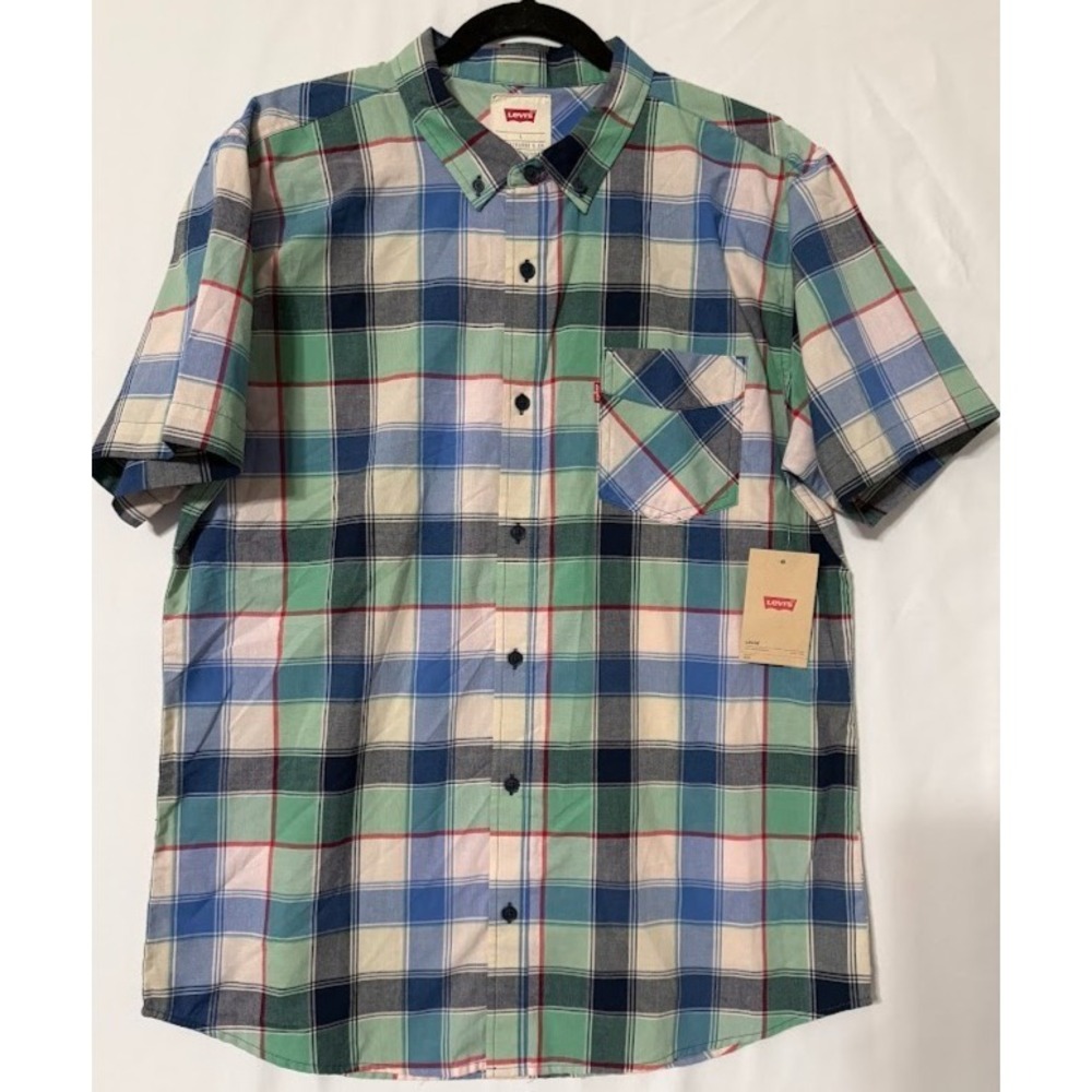 Levi's Shirt Men Large Multicolor Plaid Short‎ Sleeve Pocket Button Up Casual